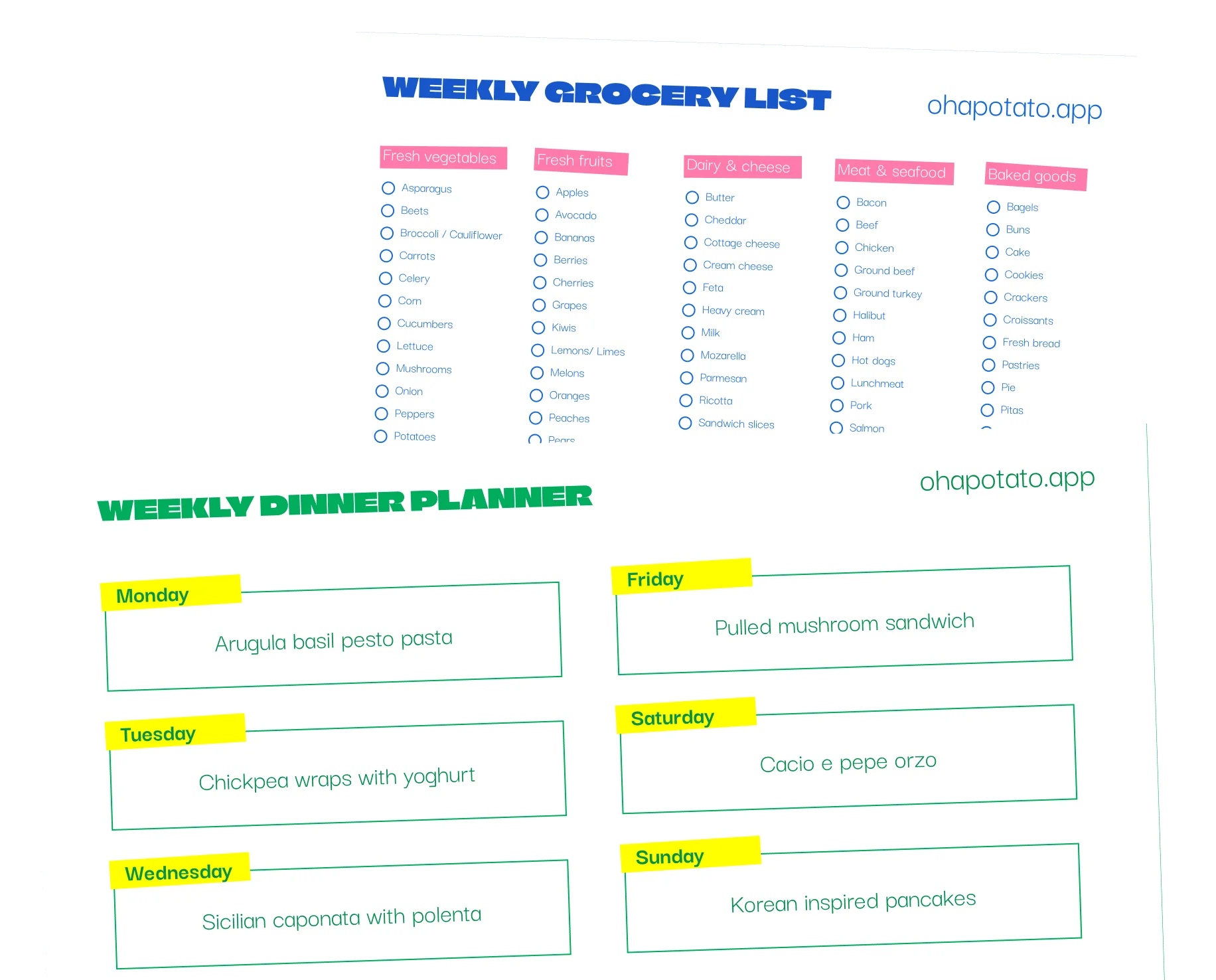 Grocery and dinner planner templates
